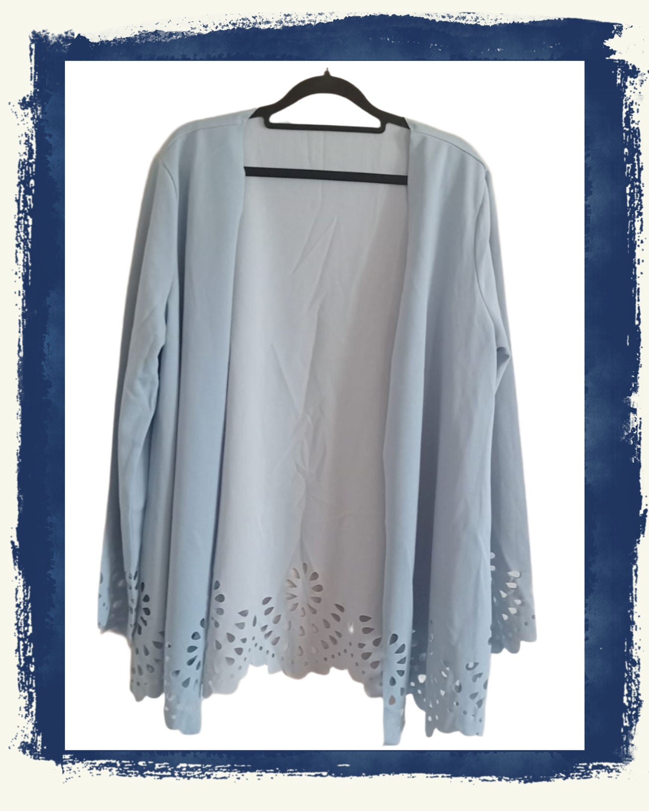 Blue Open Front Jacket with Eyelet Lace Hem