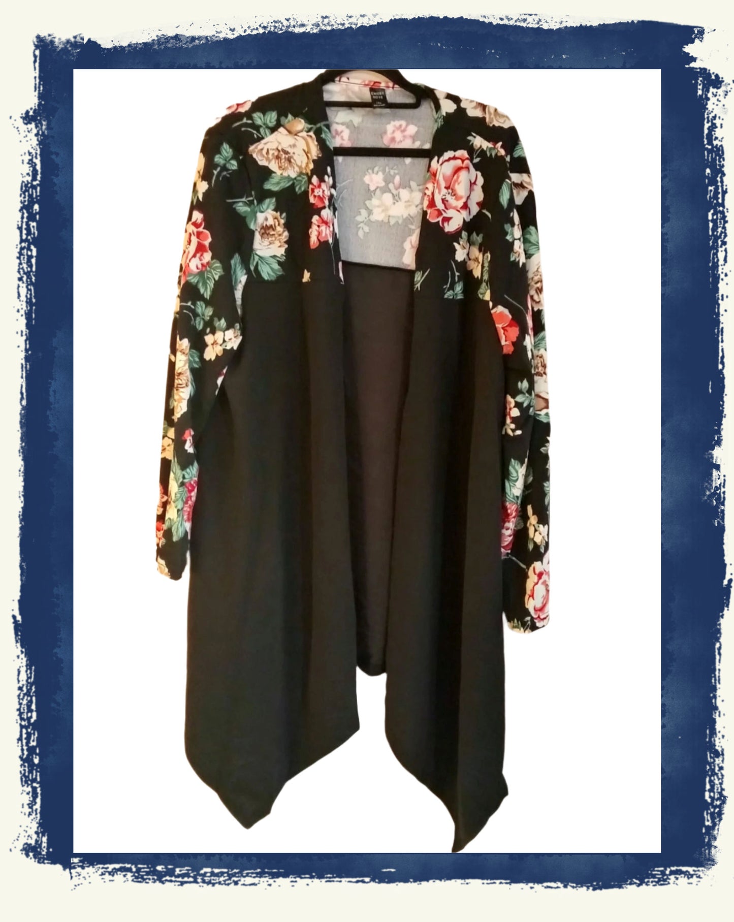 Long Black Waterfall Jacket/Cardigan with Floral Panel and Sleeves