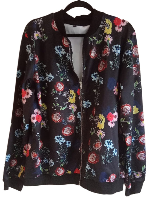 Black Floral Zip Up Bomber Style Jacket