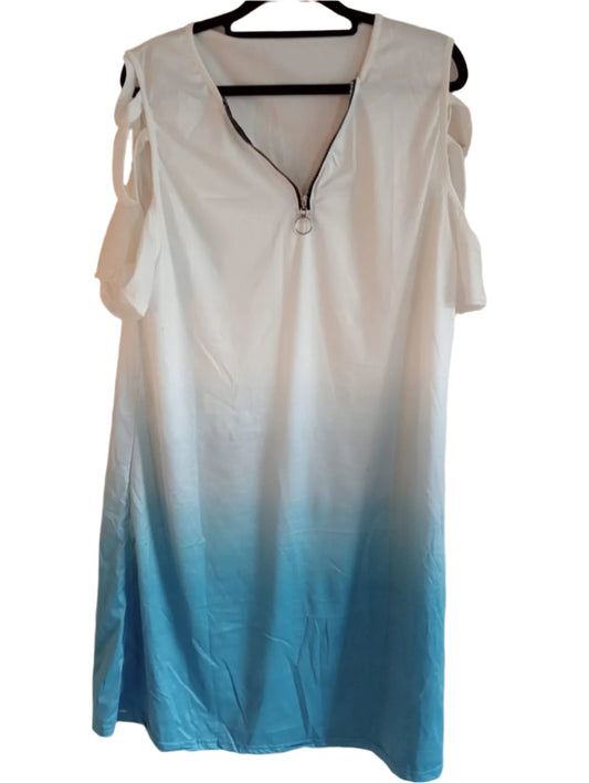 Blue/White Ombre Cold Shoulder Dress with Faux Zip Detail