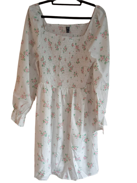 White Floral Dress with Shirred Bodice