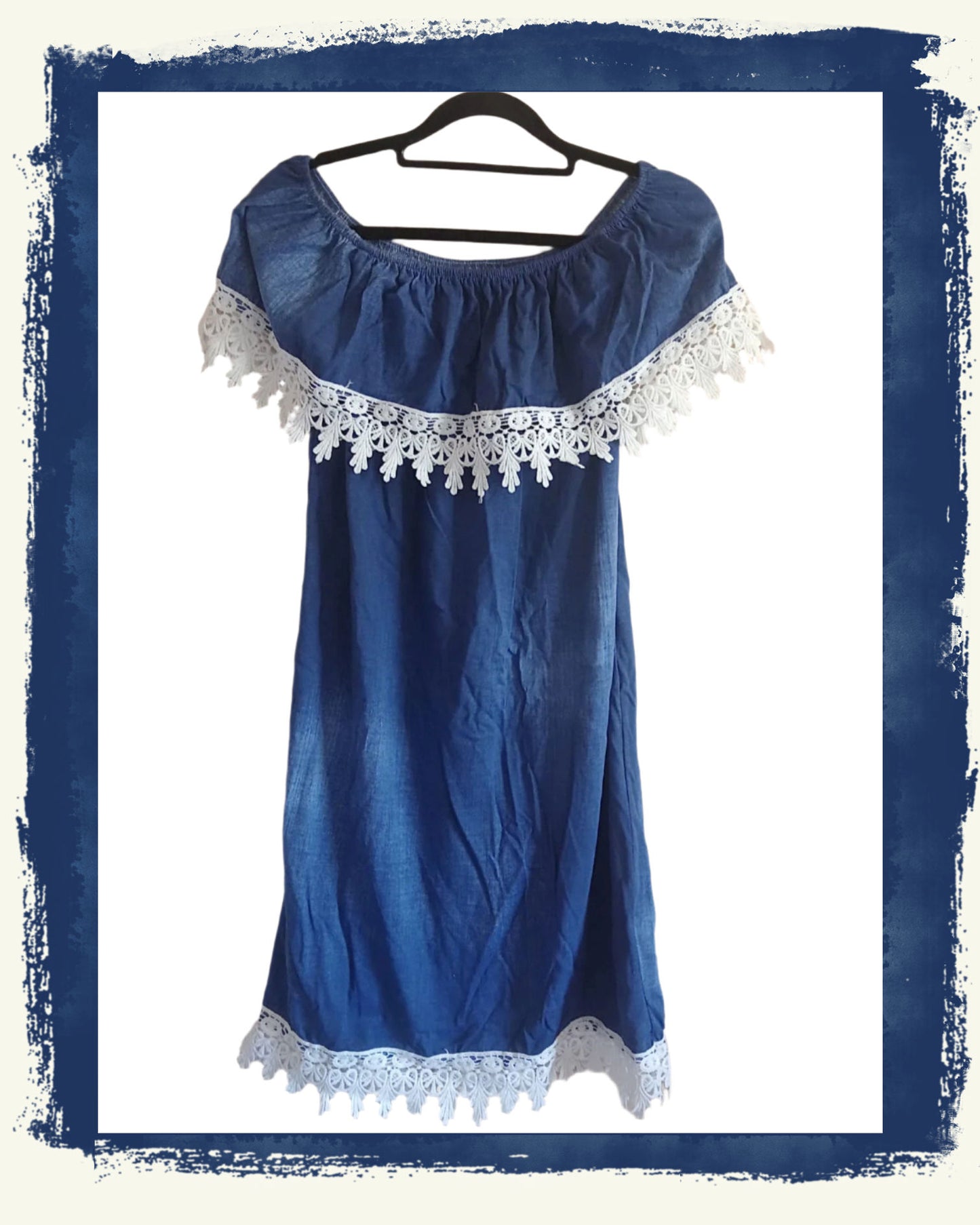 Denim Coloured Off the Shoulder Dress with Frill Neckline and Hem