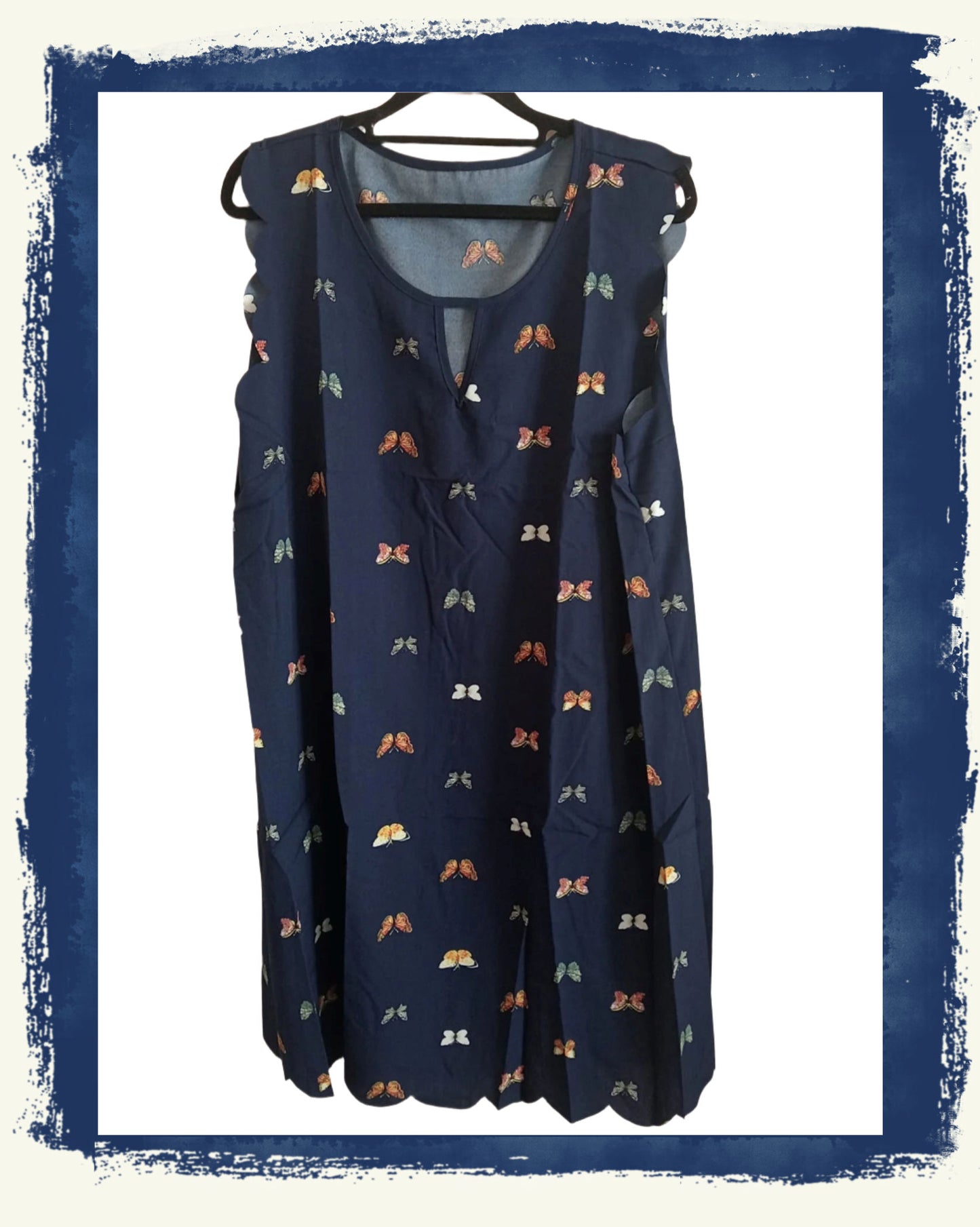 Navy Butterfly Print Dress with Scalloped Hem