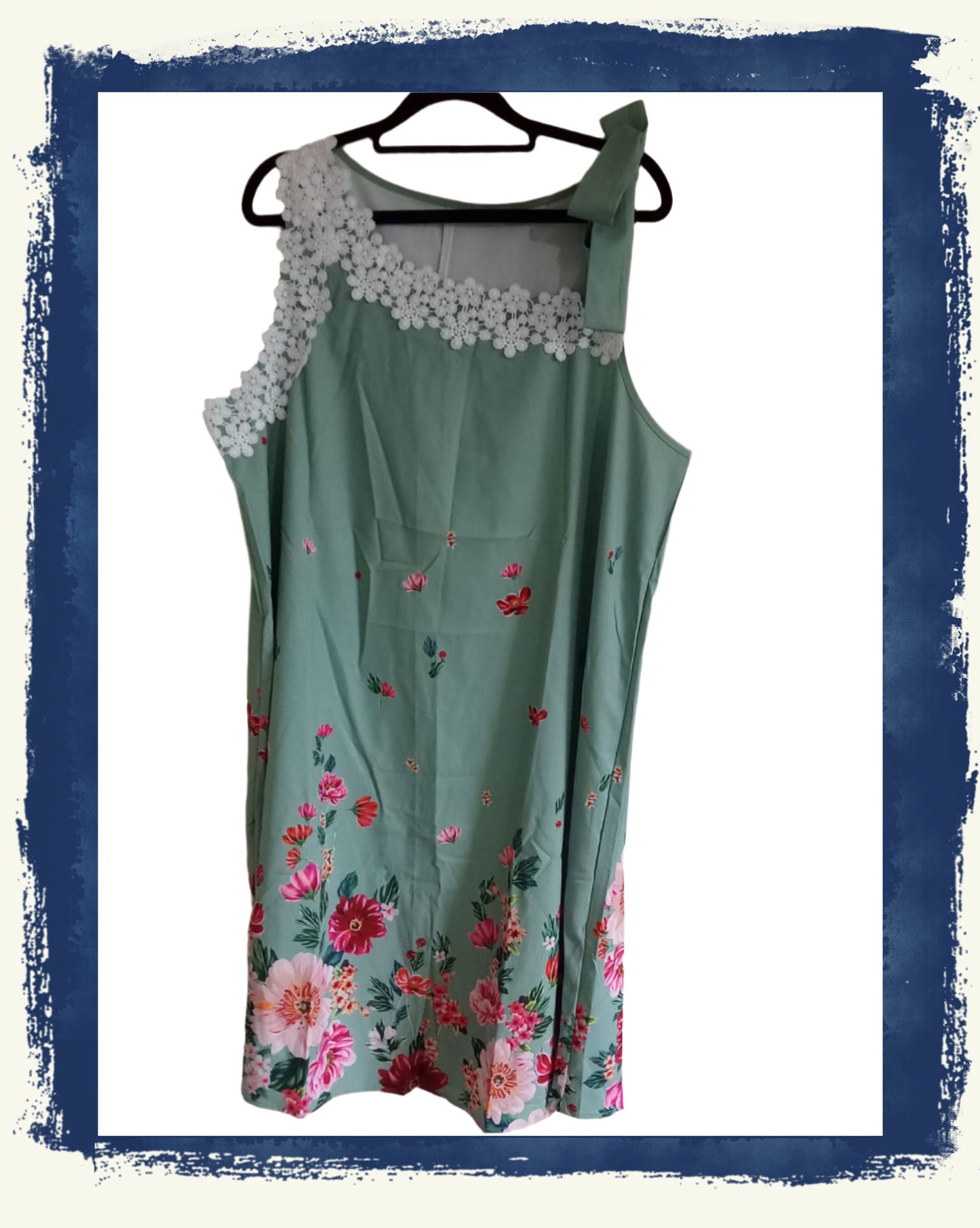 Green Floral Lace Edged Asymmetric Mid length Dress