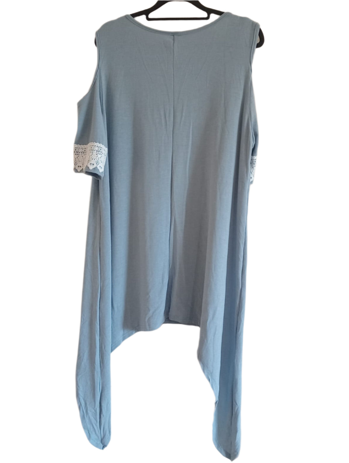 Grey Cold Shoulder Dress with Lace Trim Sleeves and Handkerchief Hem