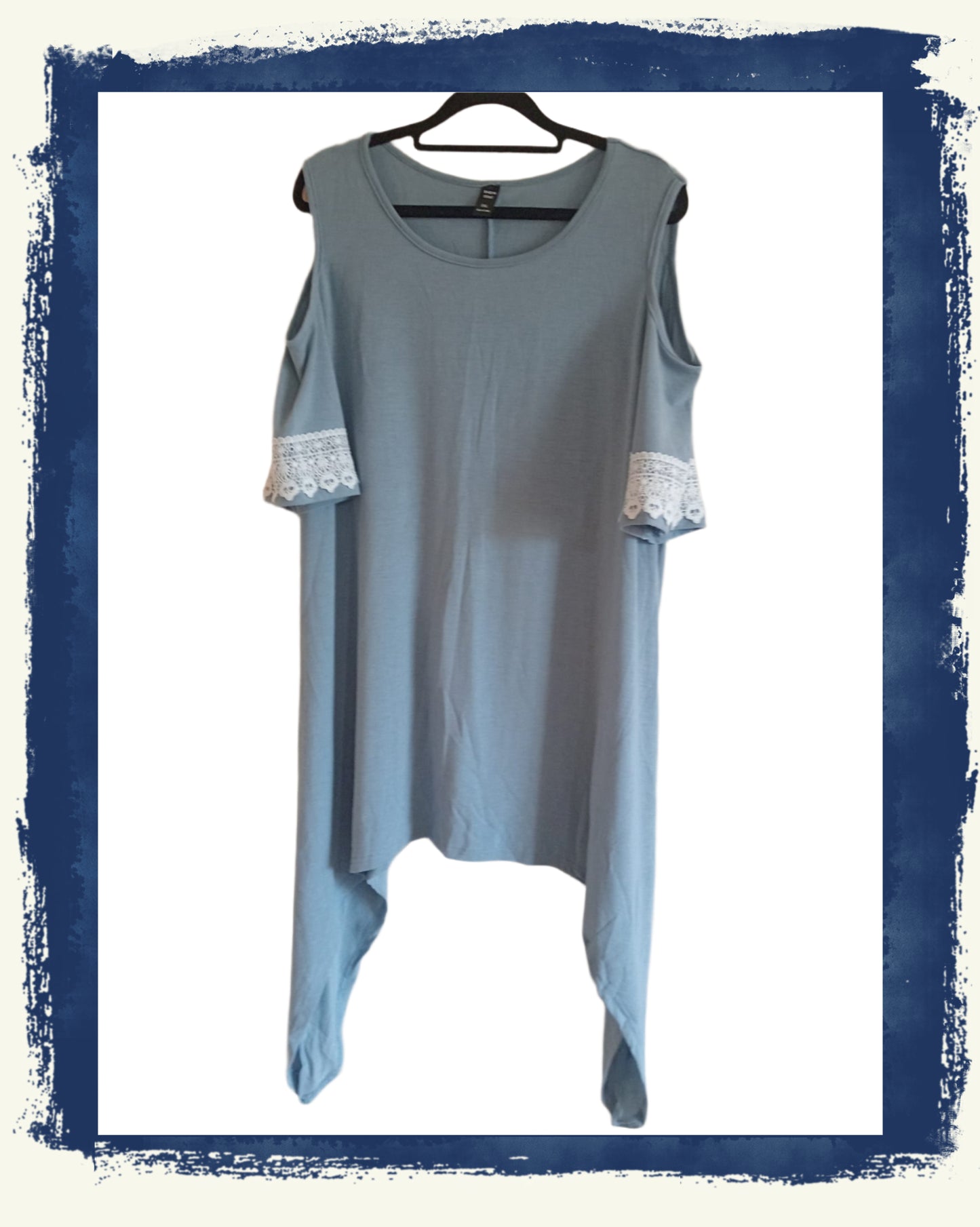 Grey Cold Shoulder Dress with Lace Trim Sleeves and Handkerchief Hem