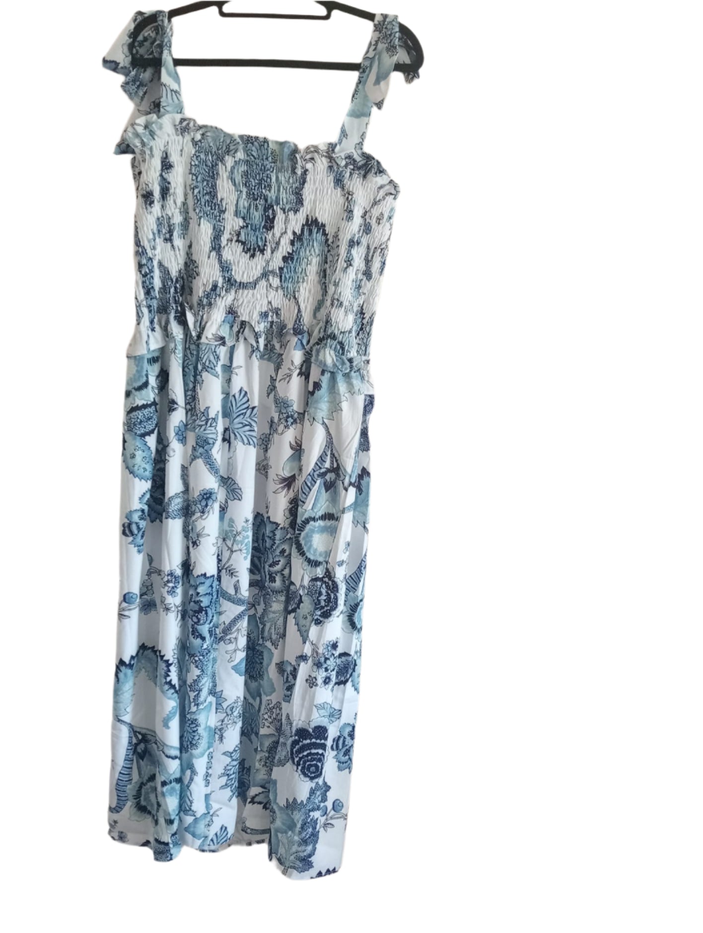 Blue Floral Shirred Bodice Dress with Tie Straps