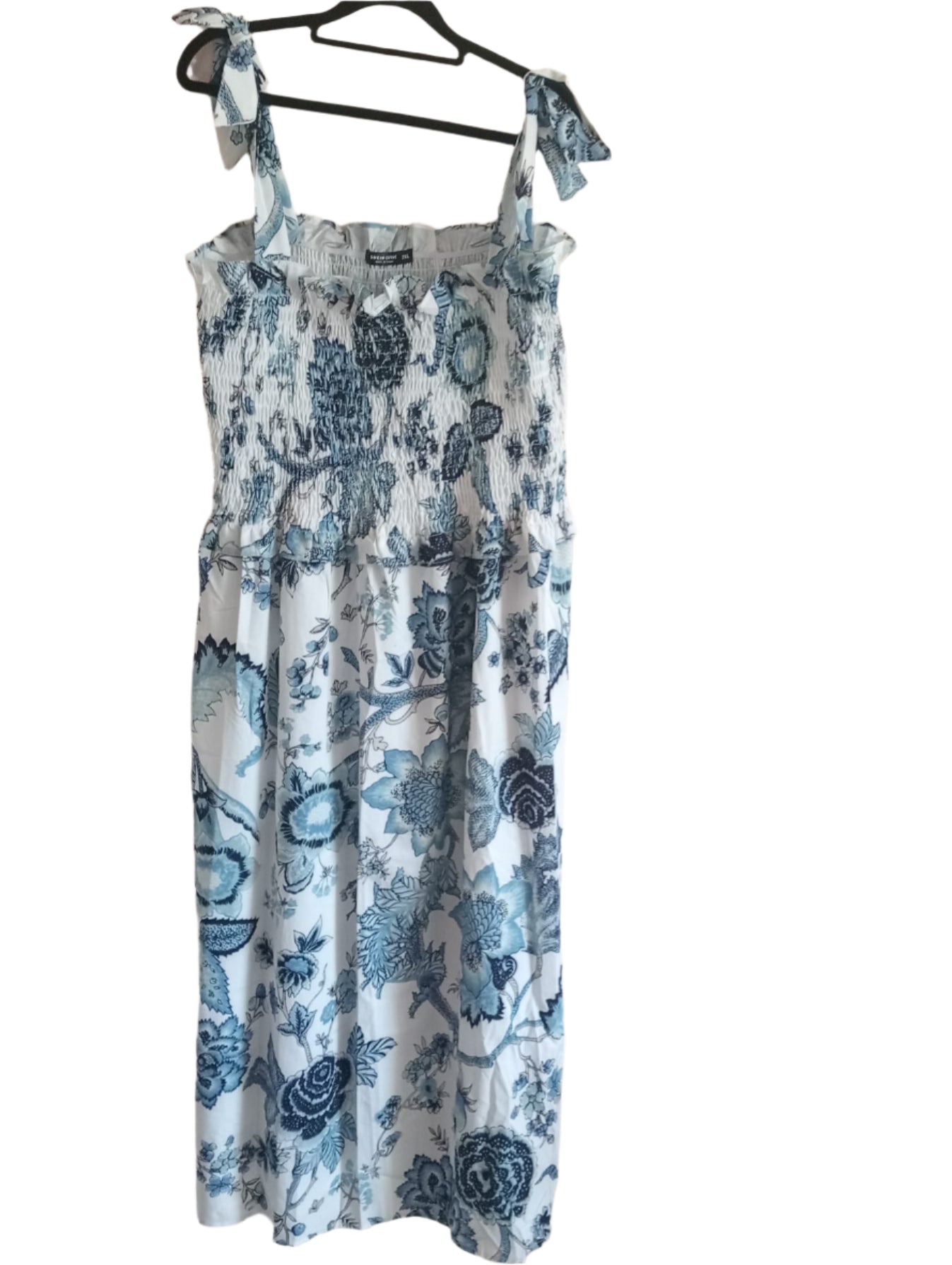 Blue Floral Shirred Bodice Dress with Tie Straps
