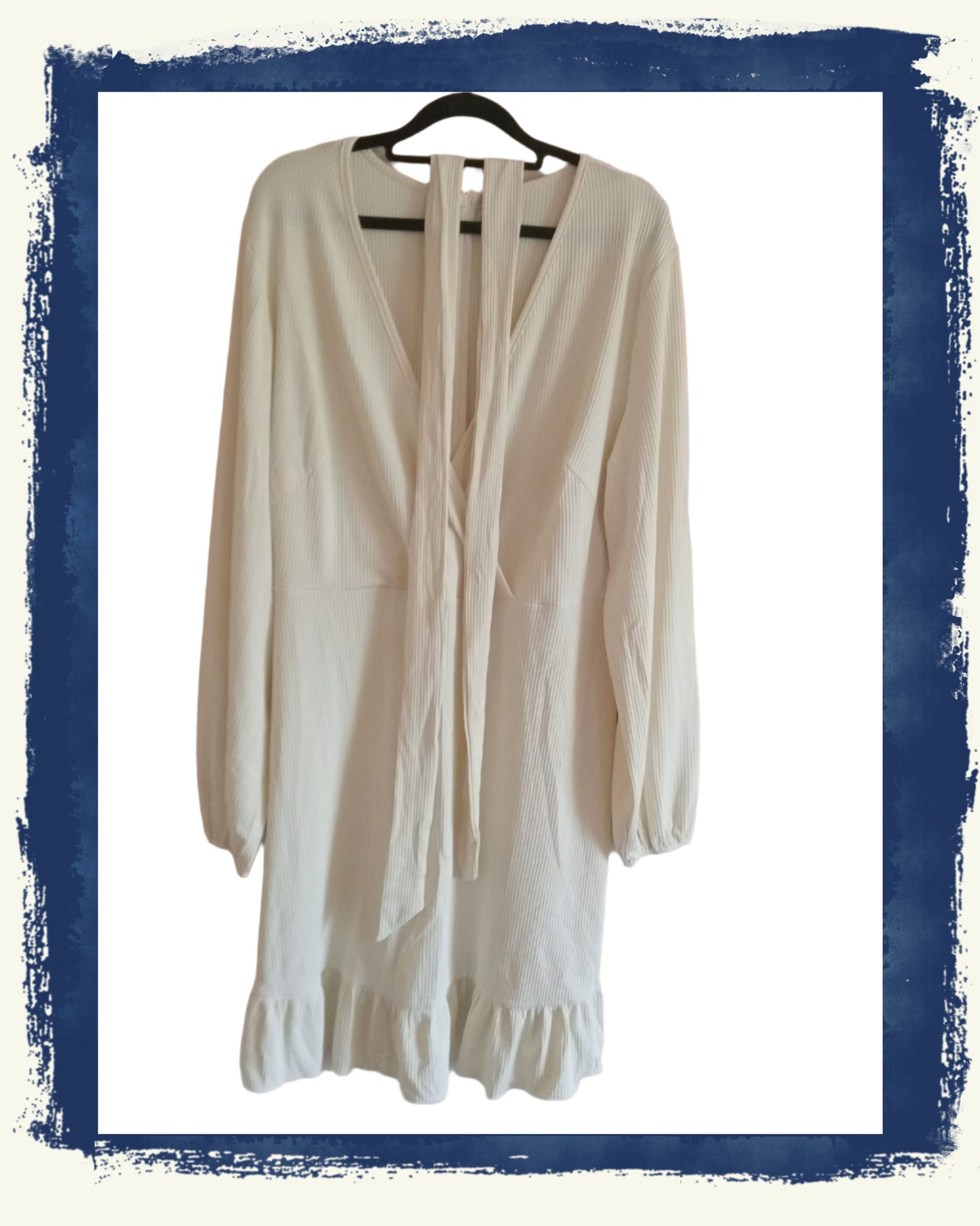 Cream Belted Dress with Frill Hem and Surplice Neckline