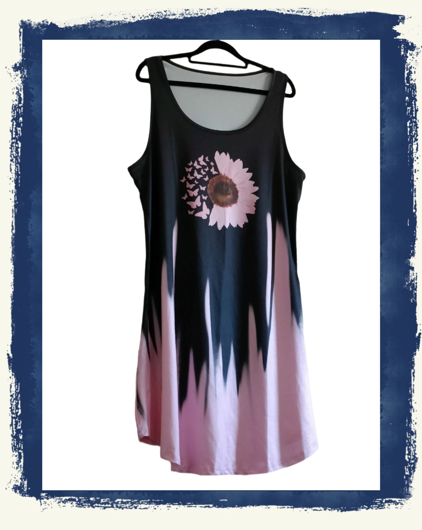Pink and Black Flame Style Sleeveless Dress with Pink Sunflower and Butterfly Detail