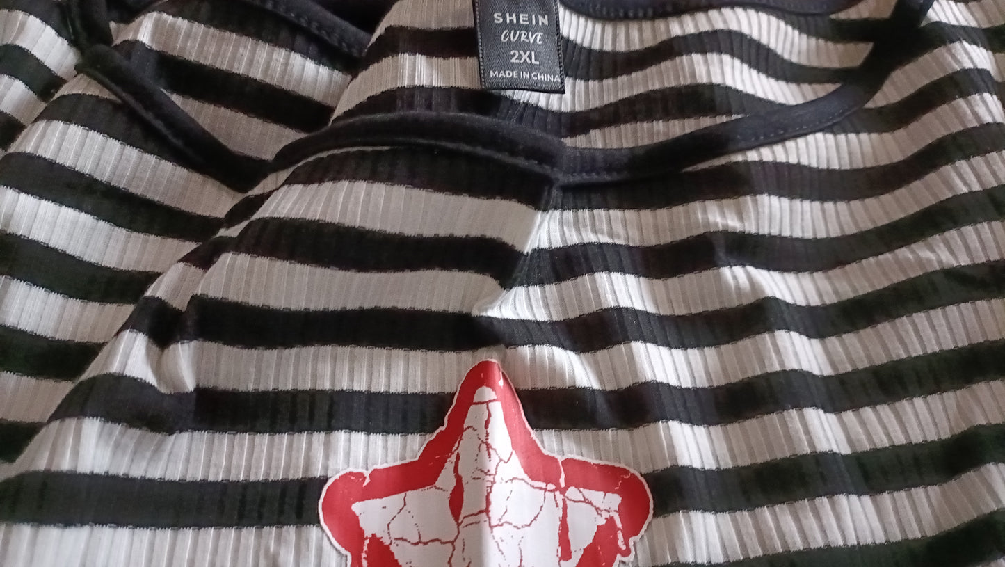 Long Sleeve Black and White Striped T Shirt with Star Motif