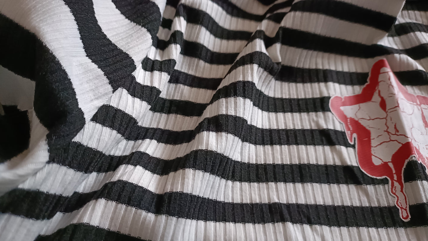 Long Sleeve Black and White Striped T Shirt with Star Motif