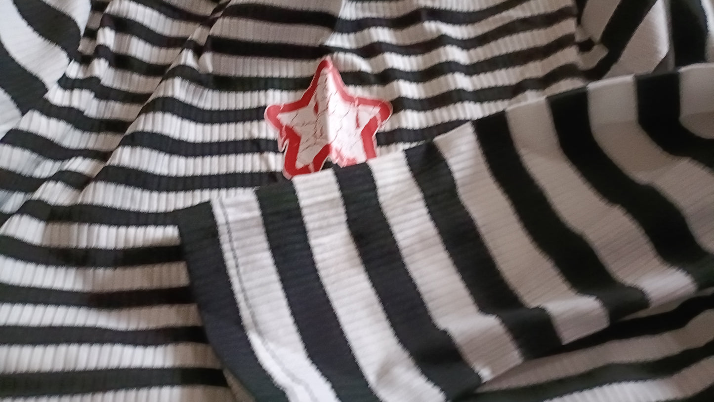 Long Sleeve Black and White Striped T Shirt with Star Motif