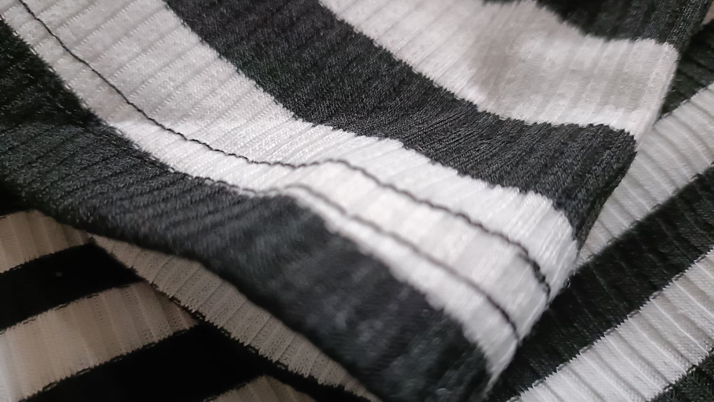 Long Sleeve Black and White Striped T Shirt with Star Motif