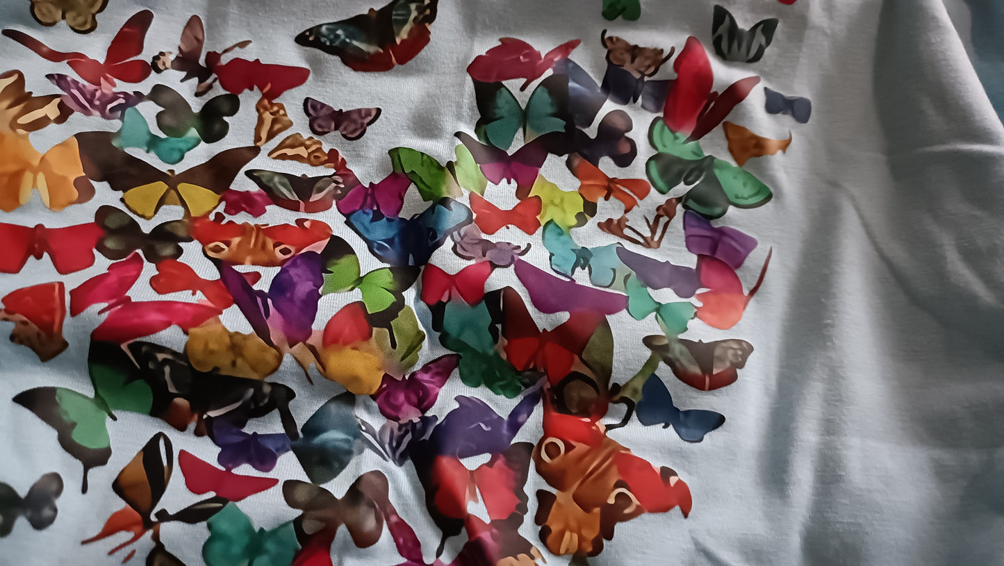 Blue Long Sleeve T Shirt with Butterfly Heart Print