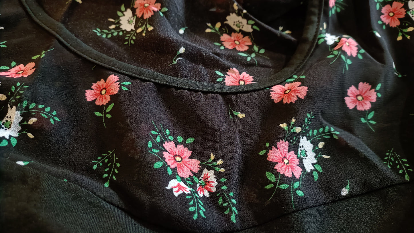 Black Short Sleeve Top with Floral Panel and Frill Sleeves