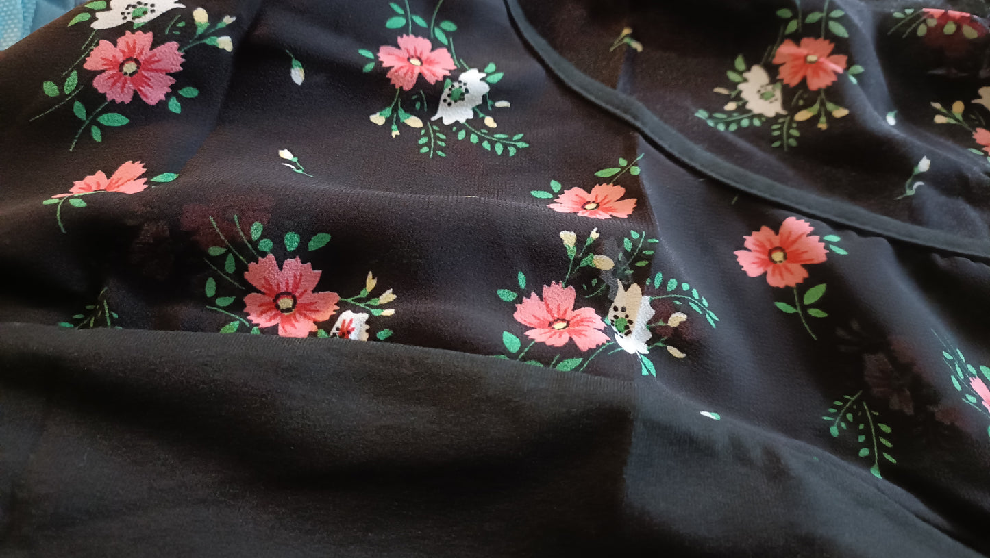 Black Short Sleeve Top with Floral Panel and Frill Sleeves