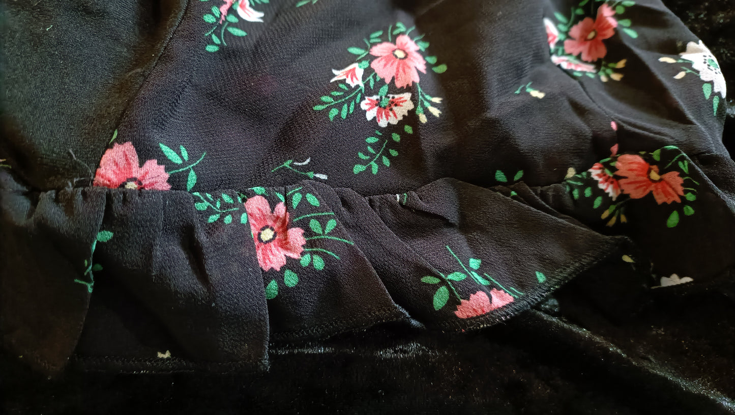 Black Short Sleeve Top with Floral Panel and Frill Sleeves