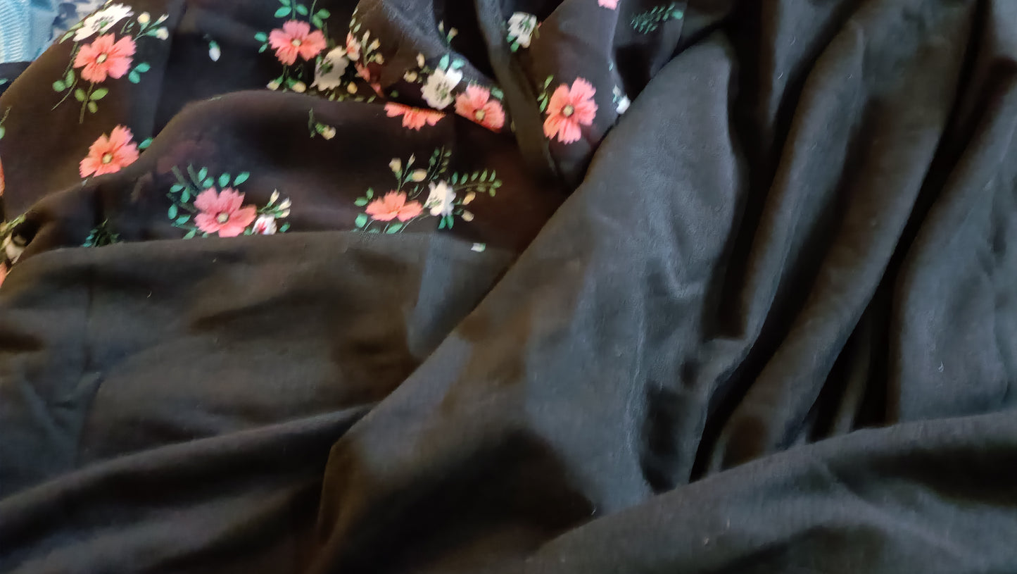 Black Short Sleeve Top with Floral Panel and Frill Sleeves