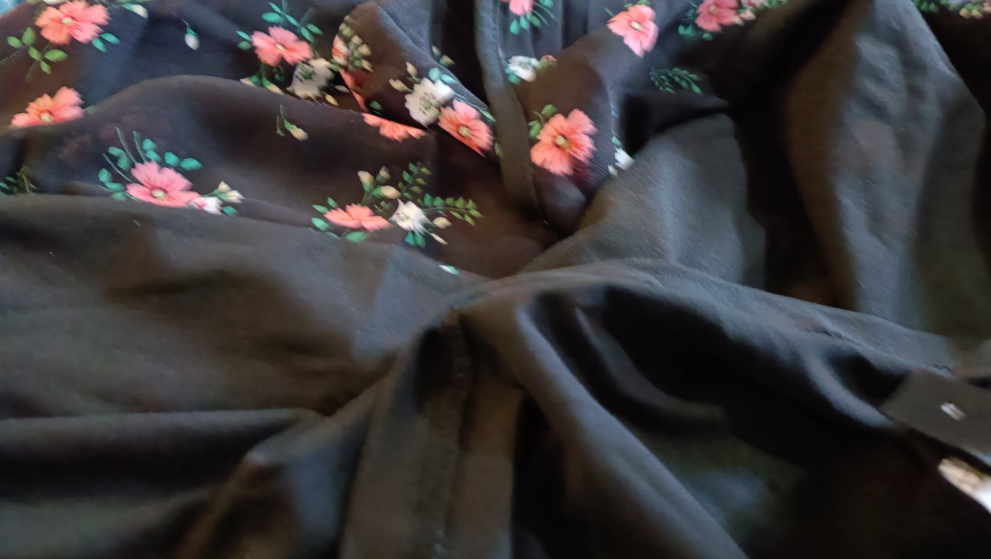 Black Short Sleeve Top with Floral Panel and Frill Sleeves