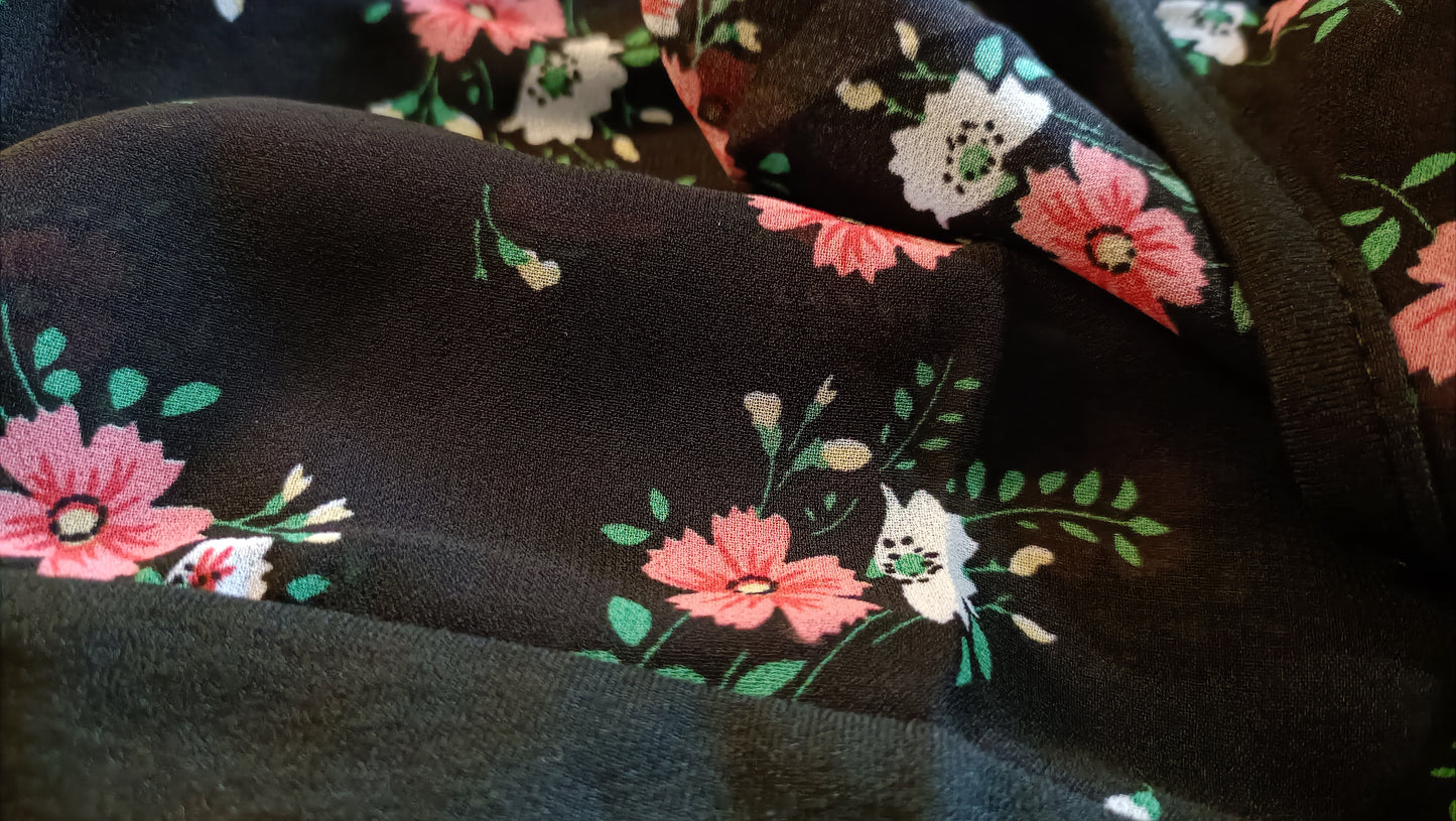 Black Short Sleeve Top with Floral Panel and Frill Sleeves