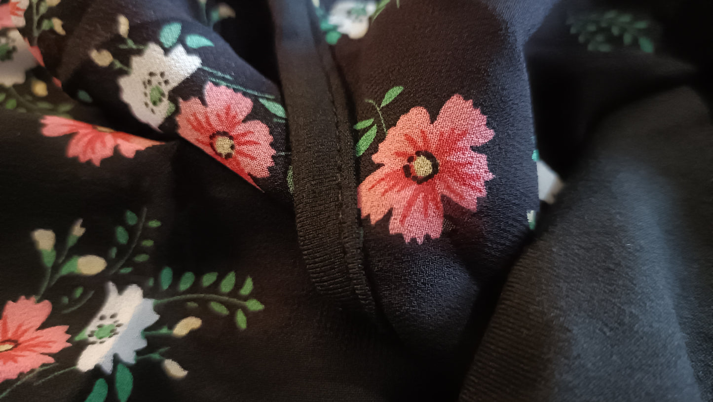 Black Short Sleeve Top with Floral Panel and Frill Sleeves