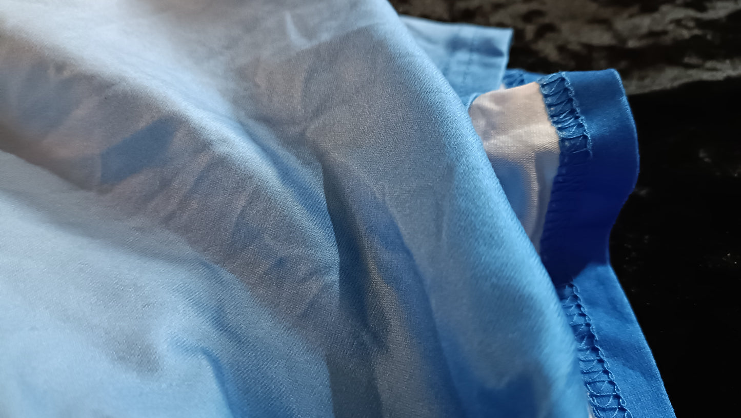 Blue and White Ombre Deep V Neck Top with Lace Trim, Lace Cap Sleeves and Belt