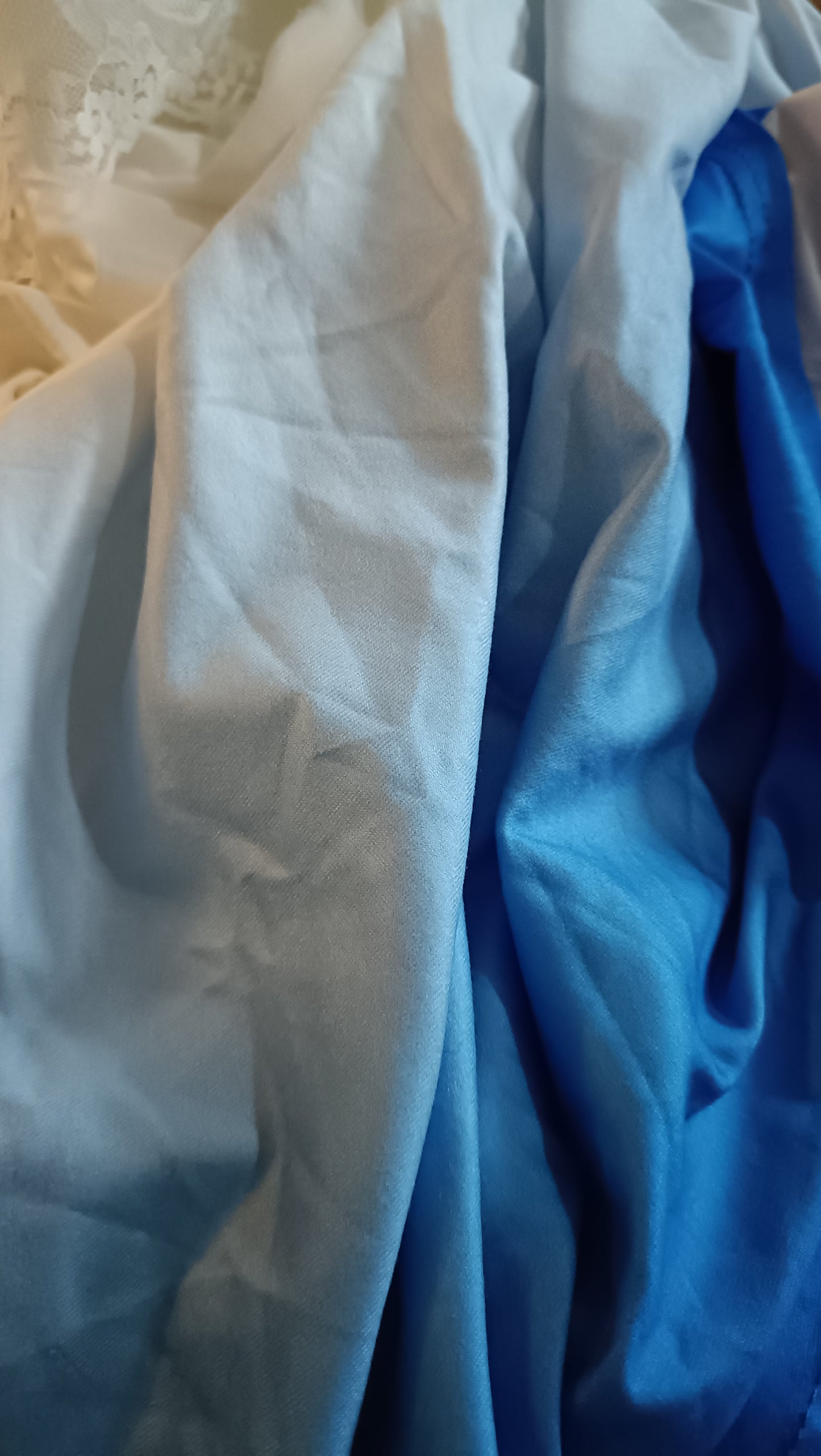 Blue and White Ombre Deep V Neck Top with Lace Trim, Lace Cap Sleeves and Belt