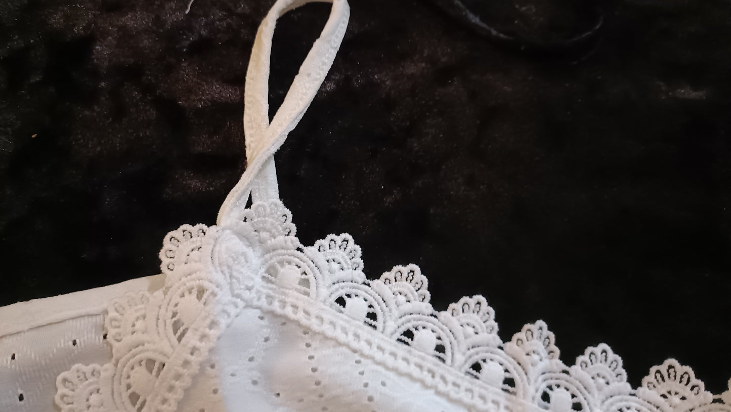 Off White Eyelet Embroidery Vest Top with Lace Trim