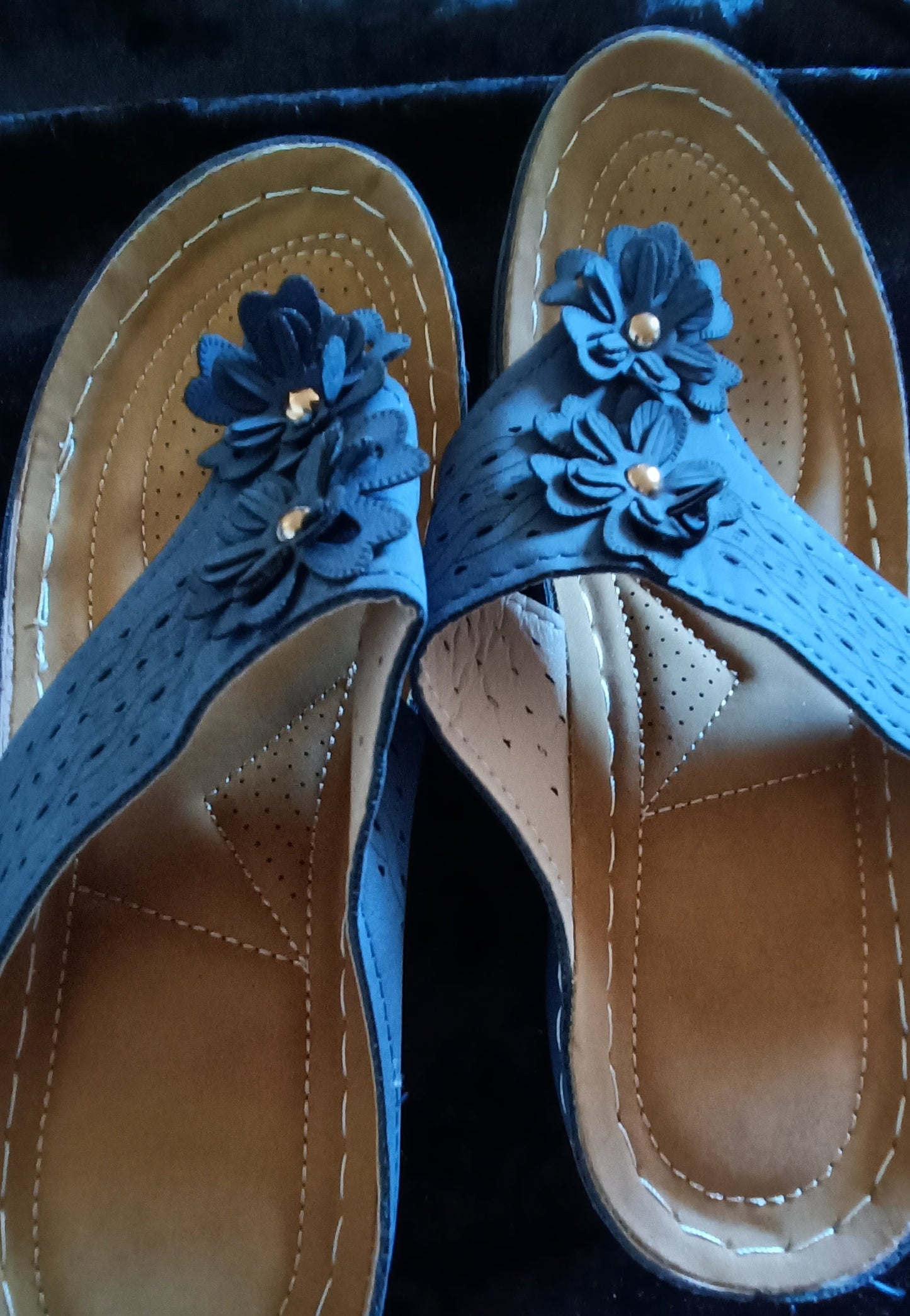 Navy Sandals with Flower Detail