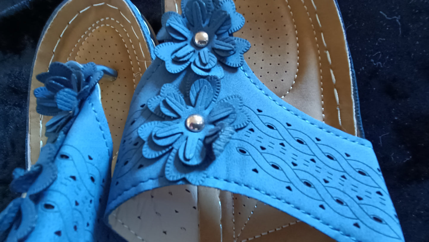 Navy Sandals with Flower Detail