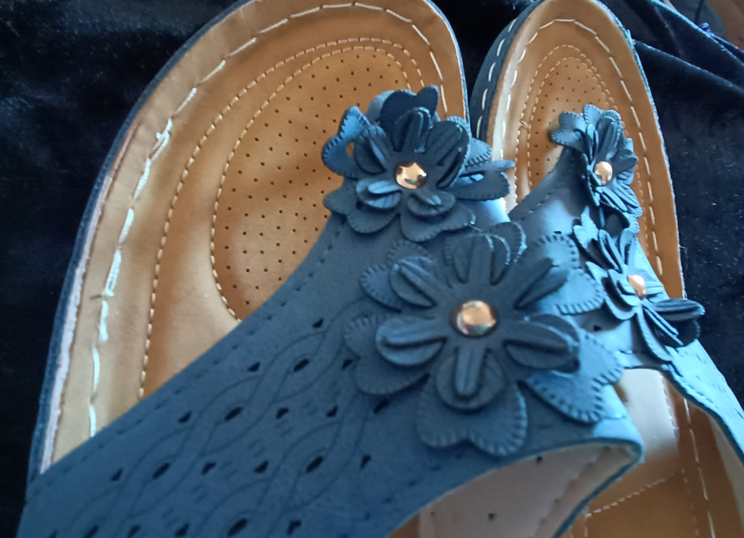Navy Sandals with Flower Detail