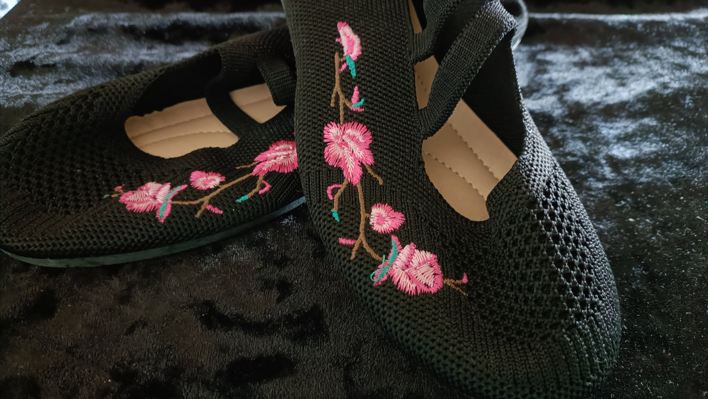 Black Embroidered Ballet Style Shoe with Straps