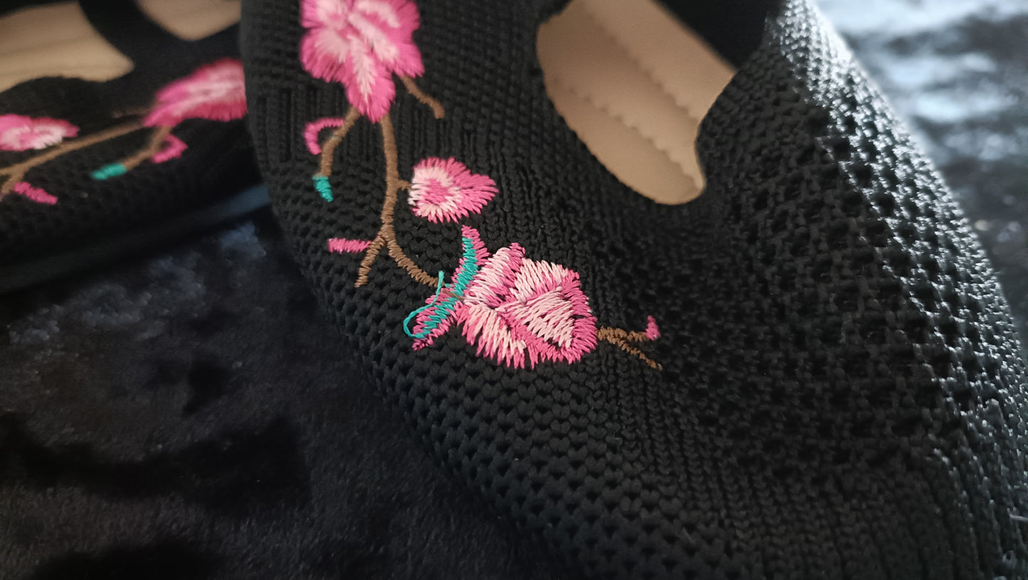Black Embroidered Ballet Style Shoe with Straps
