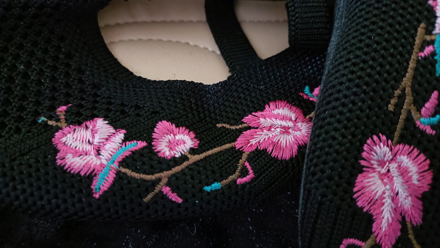 Black Embroidered Ballet Style Shoe with Straps
