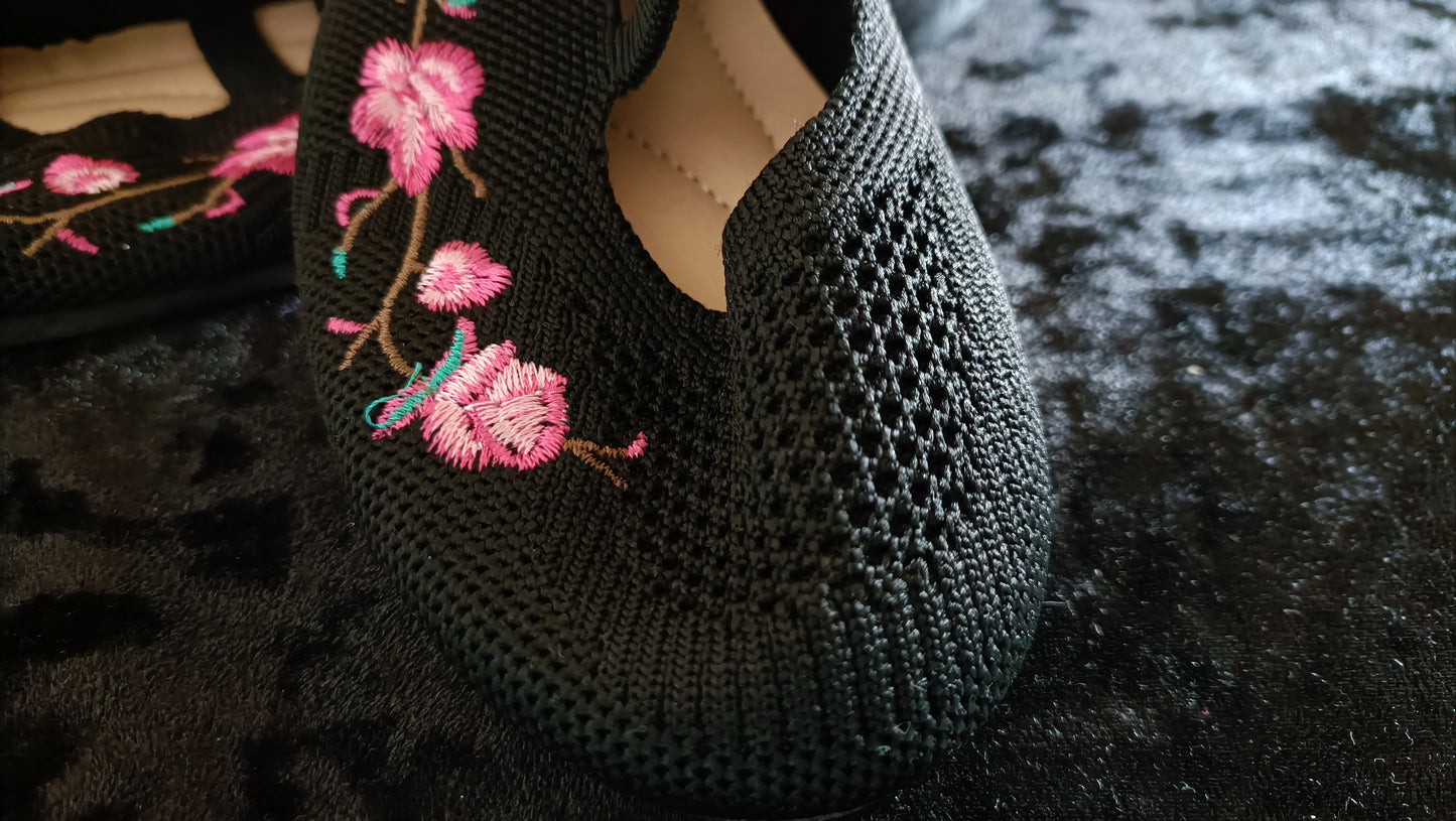 Black Embroidered Ballet Style Shoe with Straps