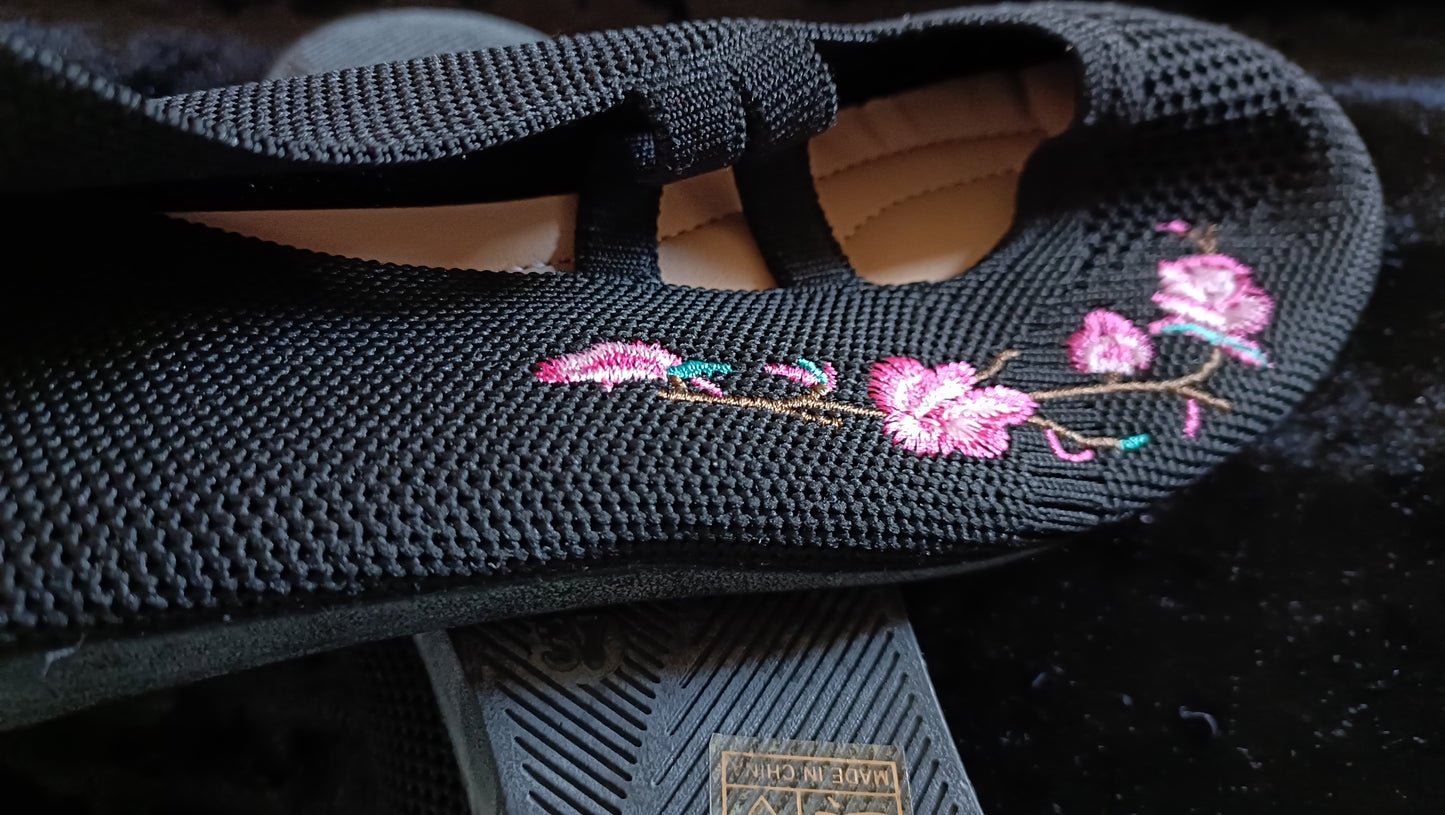 Black Embroidered Ballet Style Shoe with Straps