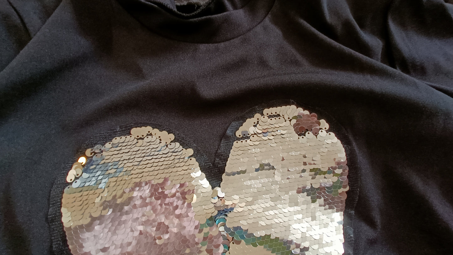 Black T Shirt with Sequin Heart Motif