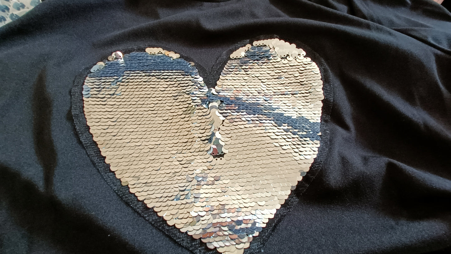 Black T Shirt with Sequin Heart Motif