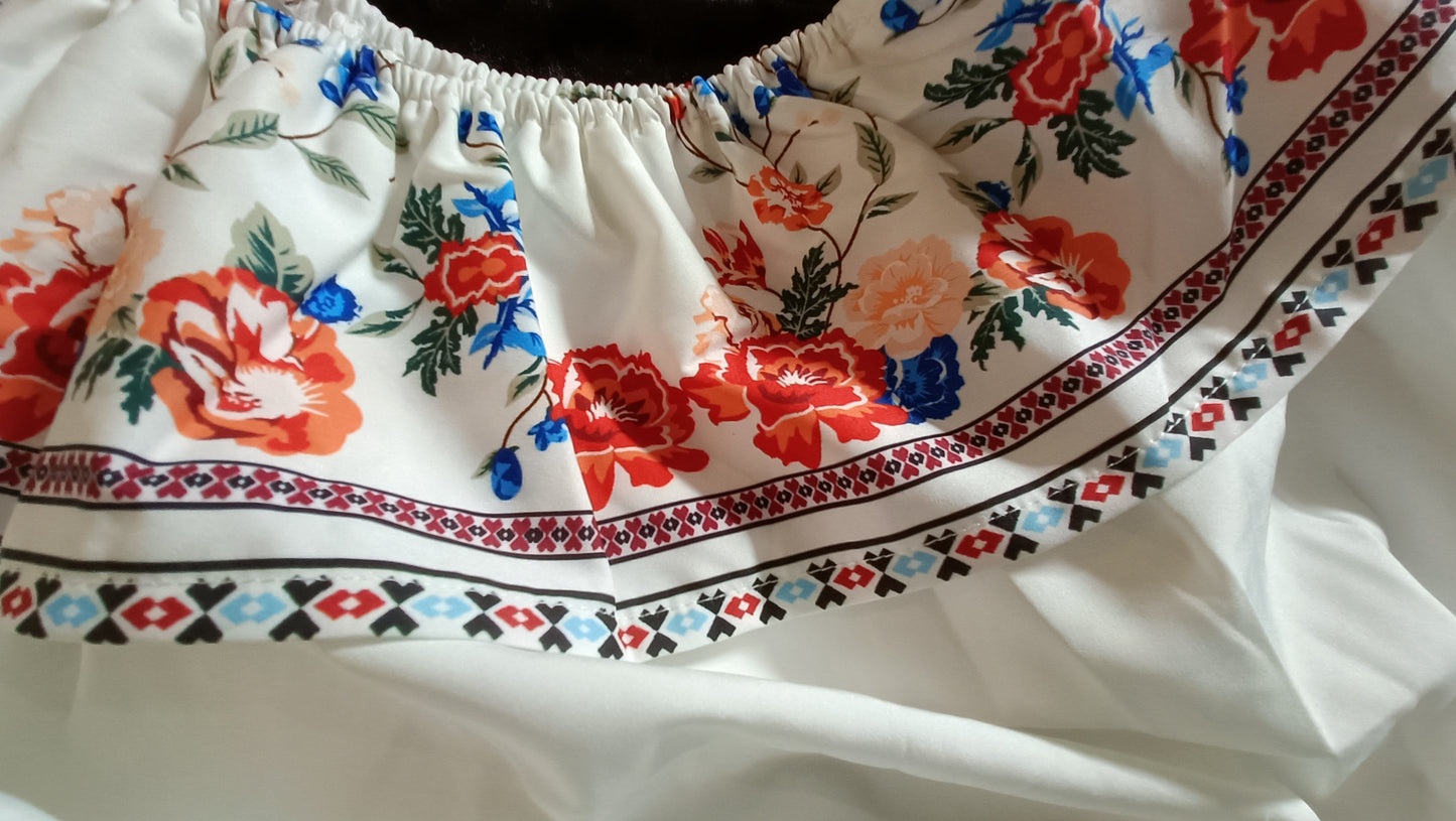 White Bardot Style Top with Floral Frill