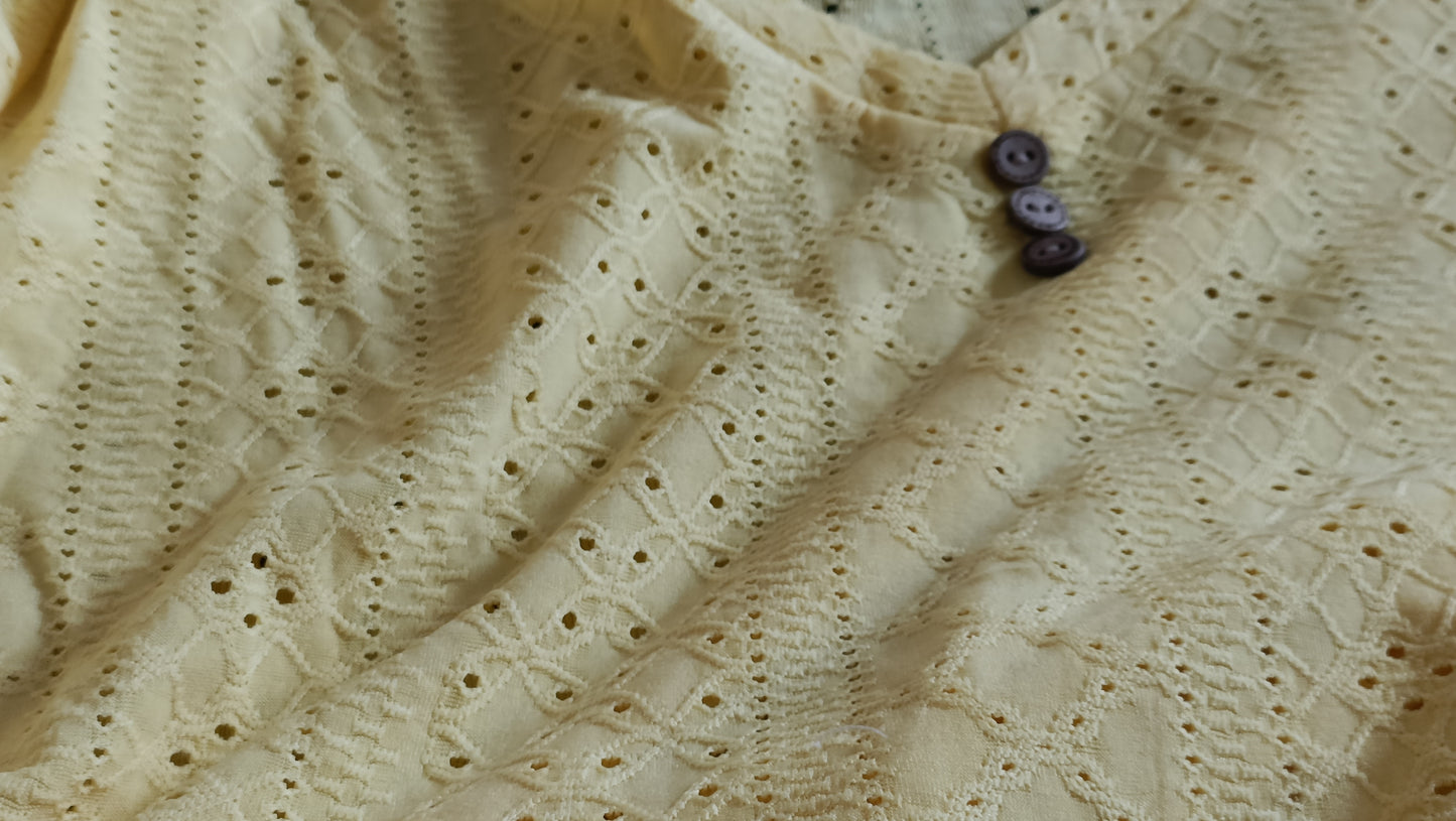 Vibrant Yellow Eyelet Embroidery Top with Tie Ruched Sleeve Detail