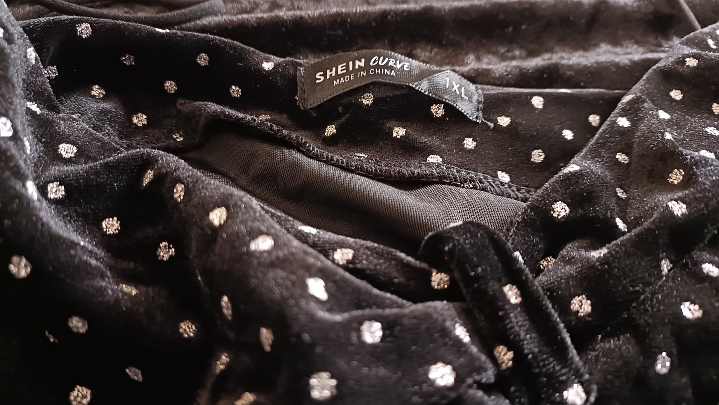 Black Velvet Touch Strappy Top with Silver Polka Dots