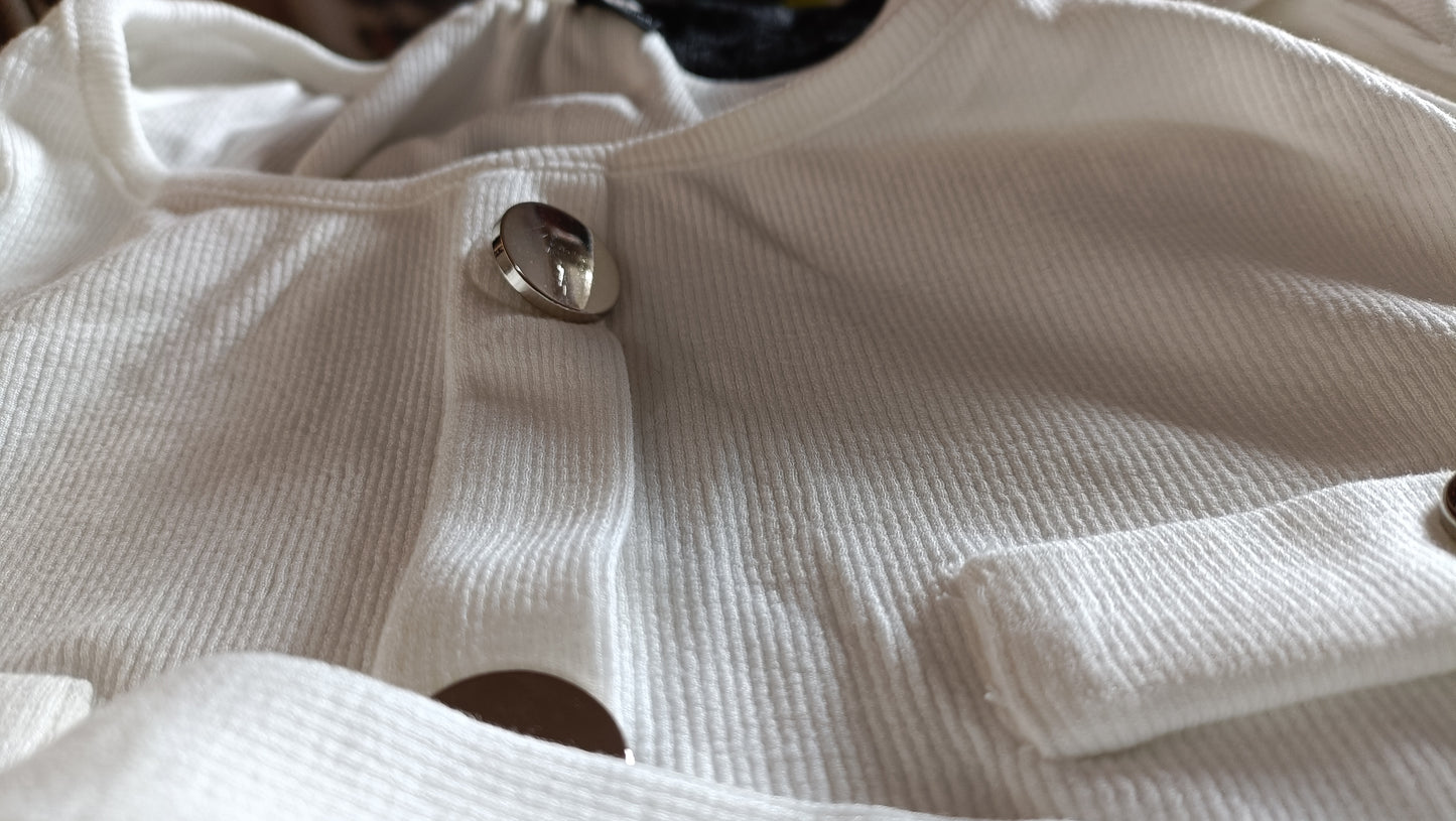 White Long Sleeve Top with Metal Button Detail