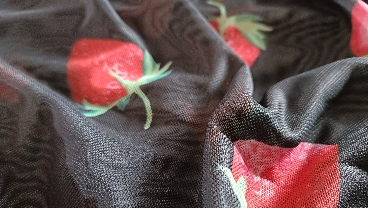 Semi Sheer Black Top with Strawberry Print