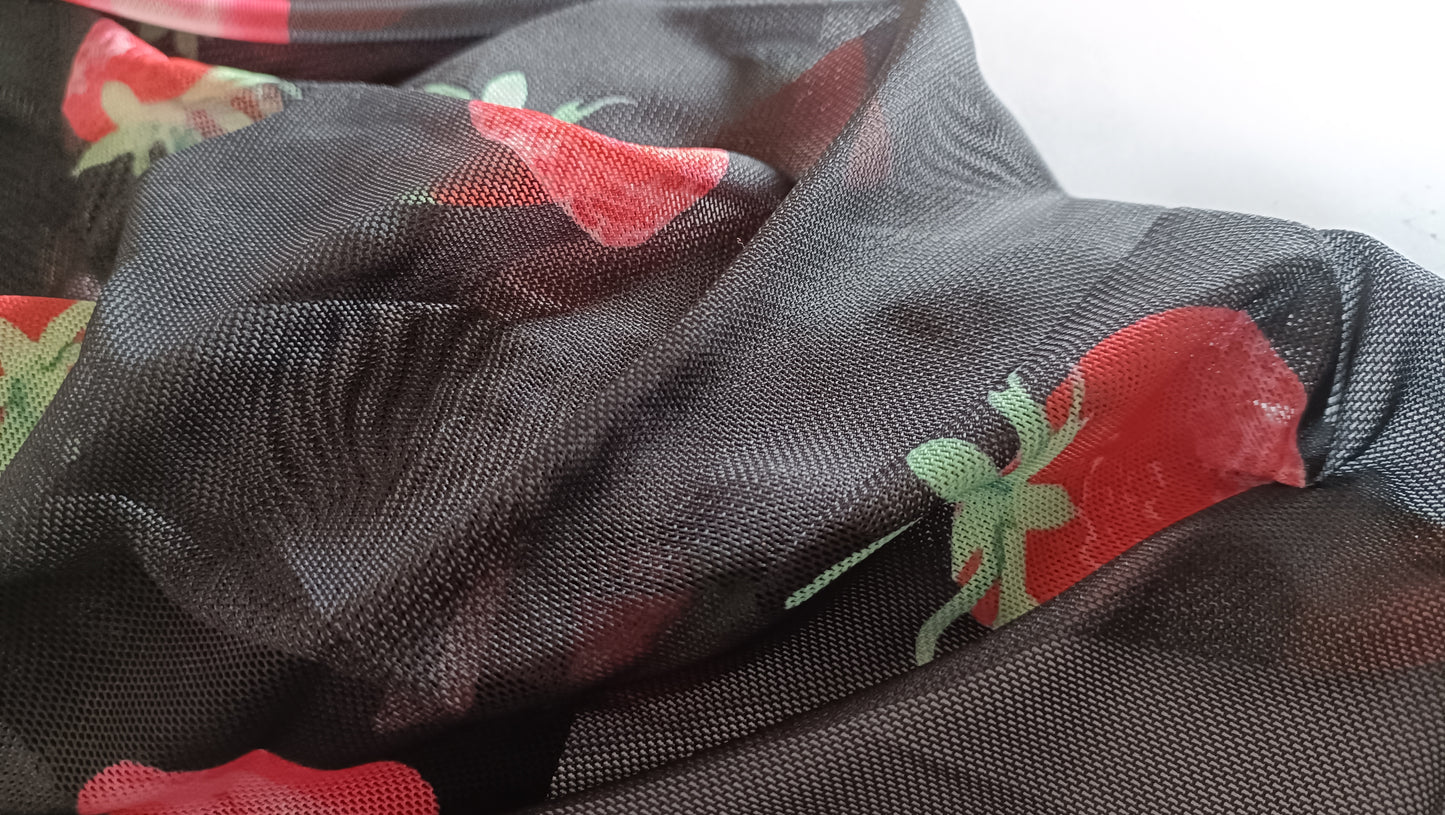 Semi Sheer Black Top with Strawberry Print