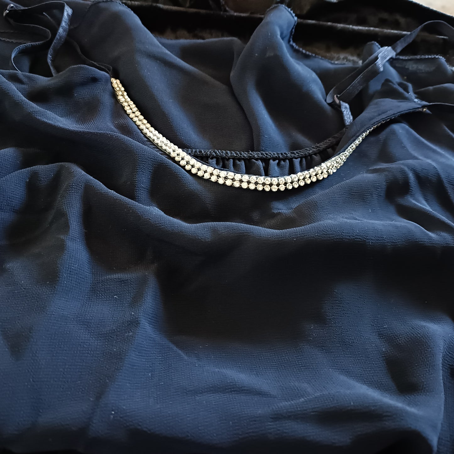 Navy Strappy Layered Top with Bling Neck Detail
