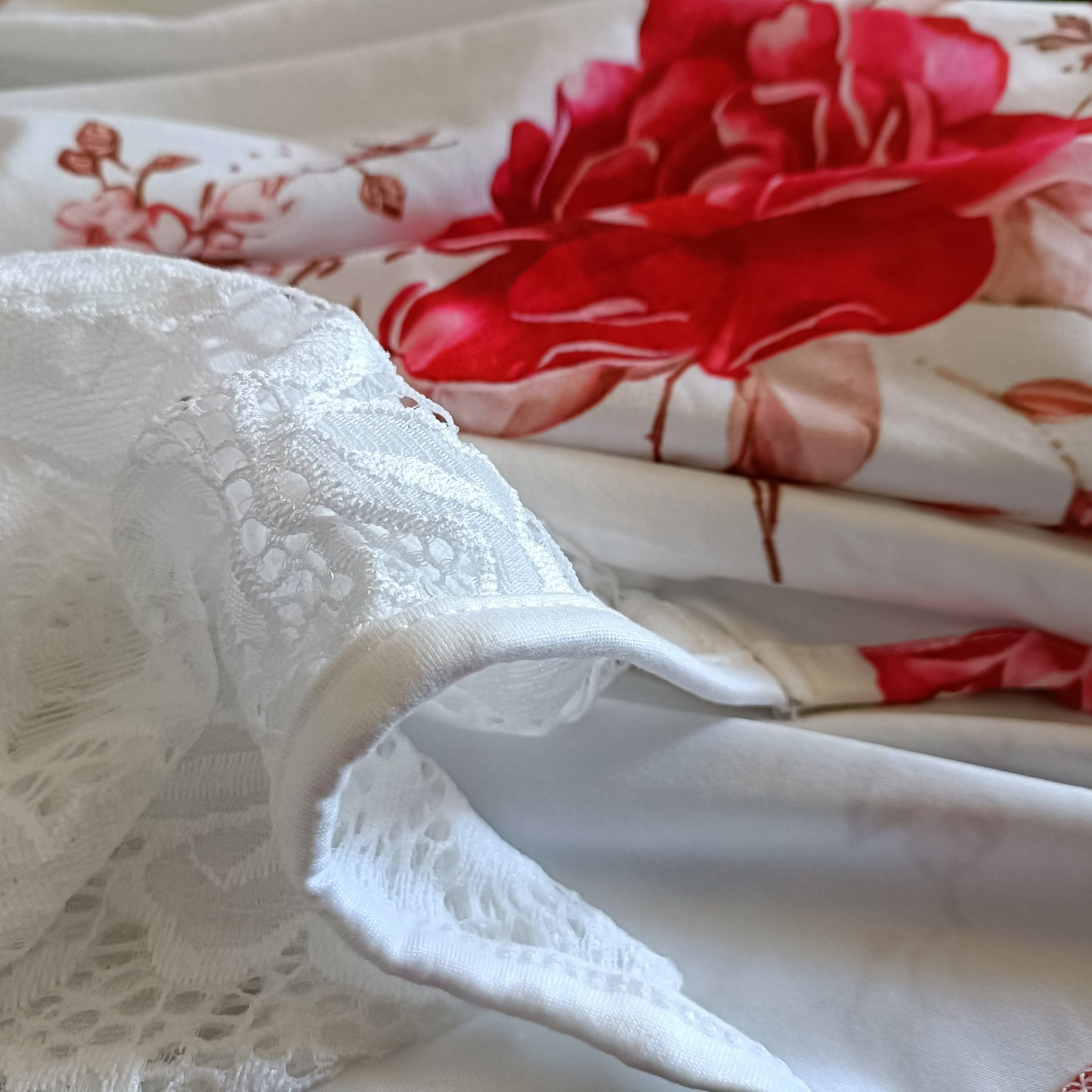 White Lace Raglan Sleeve Top with Red Flower Print