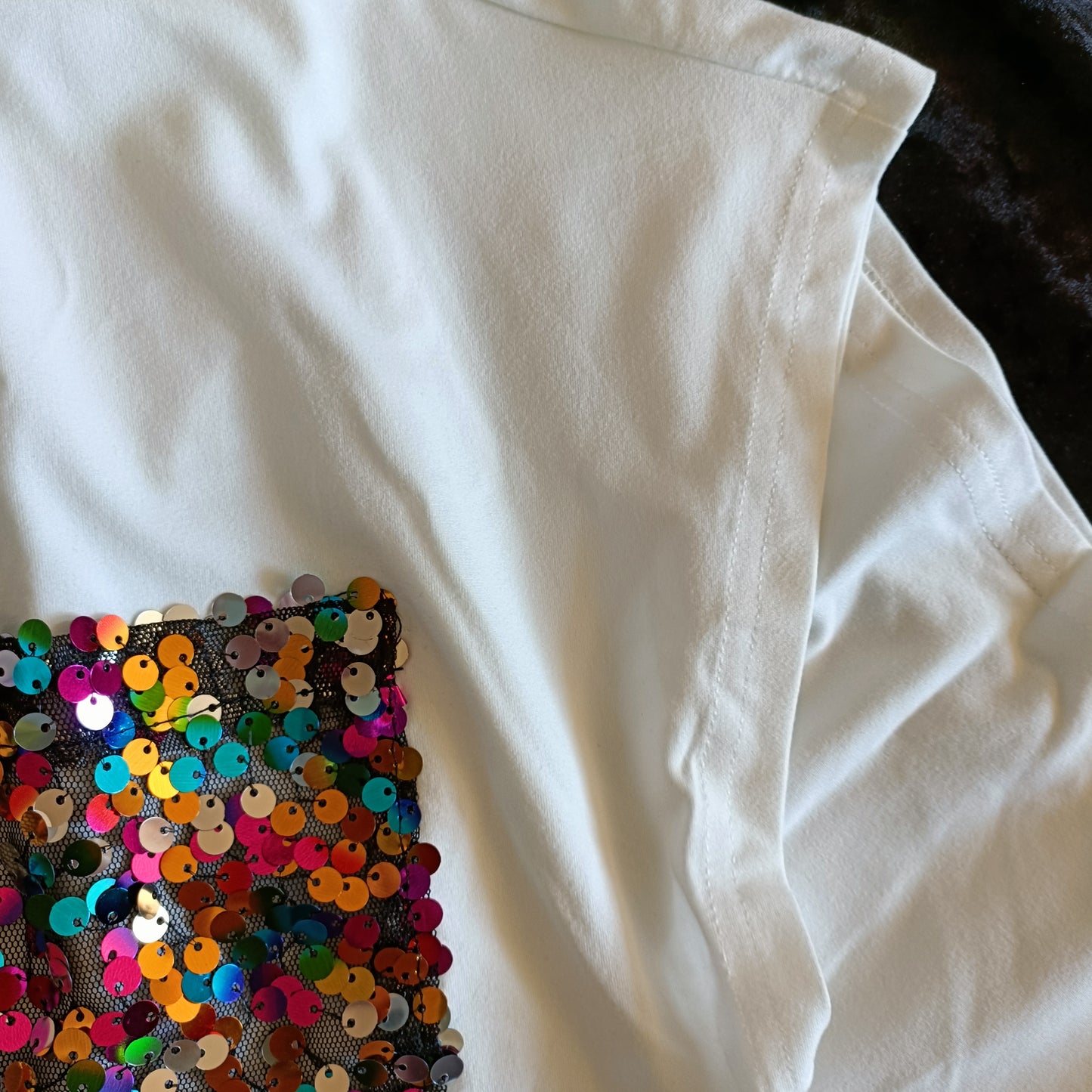White T-Shirt with Multi Coloured Sequin Pocket Detail