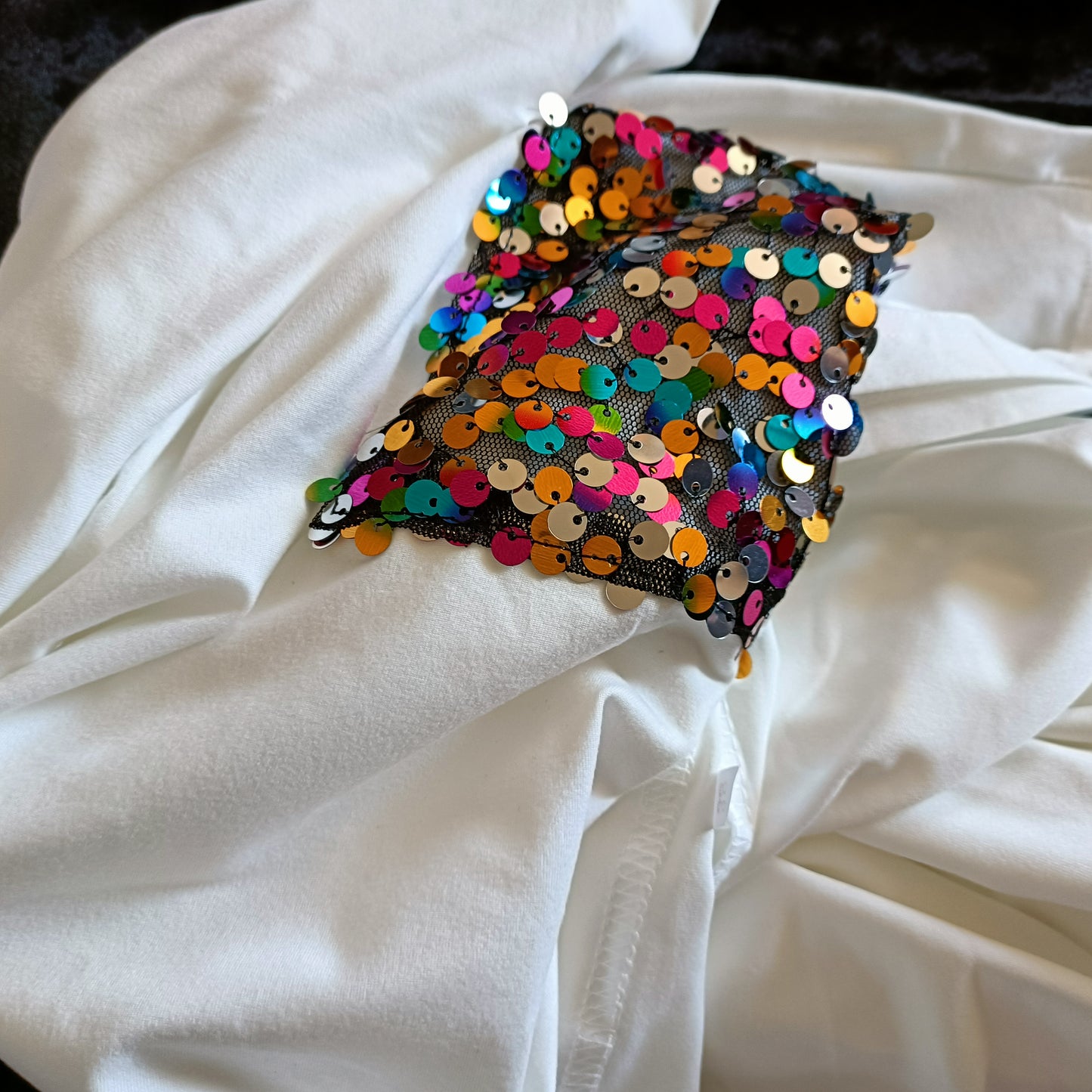 White T-Shirt with Multi Coloured Sequin Pocket Detail