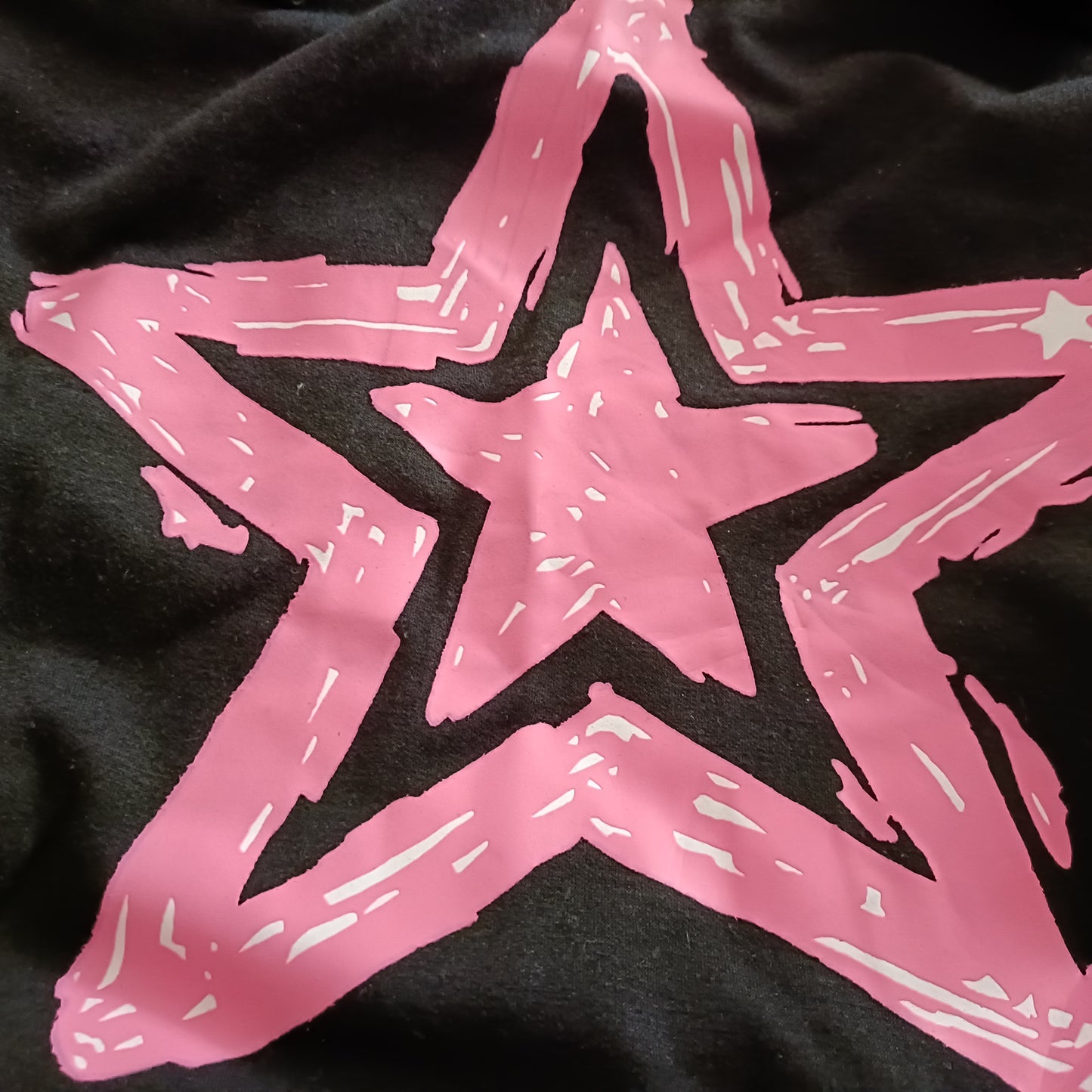 Black Short Sleeve T Shirt with Pink Star Print